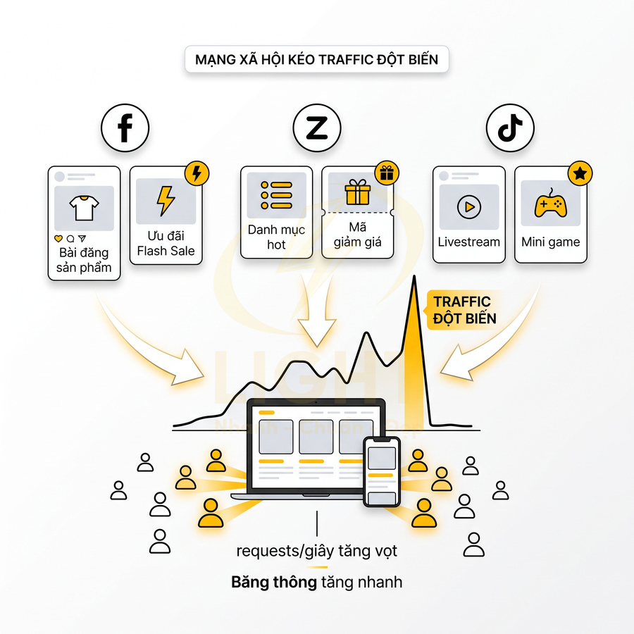 Mô tả mạng xã hội kéo traffic đột biến vào website qua bài đăng sản phẩm, flash sale, mã giảm giá, livestream, mini game