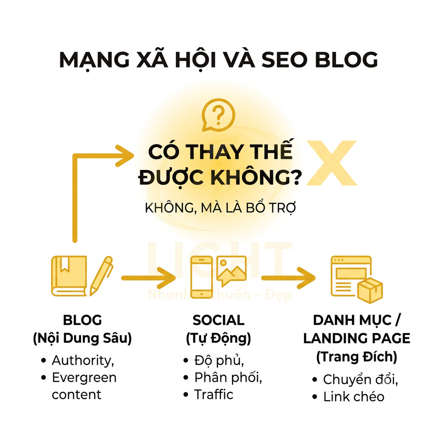 Mô hình kết hợp mạng xã hội và SEO blog để dẫn traffic từ blog qua social đến landing page chuyển đổi