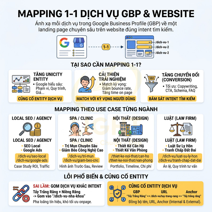 Infographic hướng dẫn mapping 1-1 dịch vụ Google Business Profile với landing page website chuẩn SEO