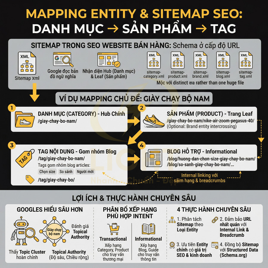 Infographic hướng dẫn mapping entity và sitemap SEO cho danh mục sản phẩm giày chạy bộ nam trên website bán hàng