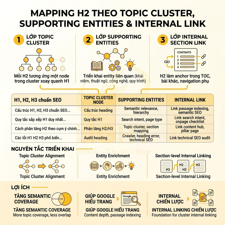 Infographic hướng dẫn mapping H2 theo topic cluster, supporting entities và internal link chuẩn SEO