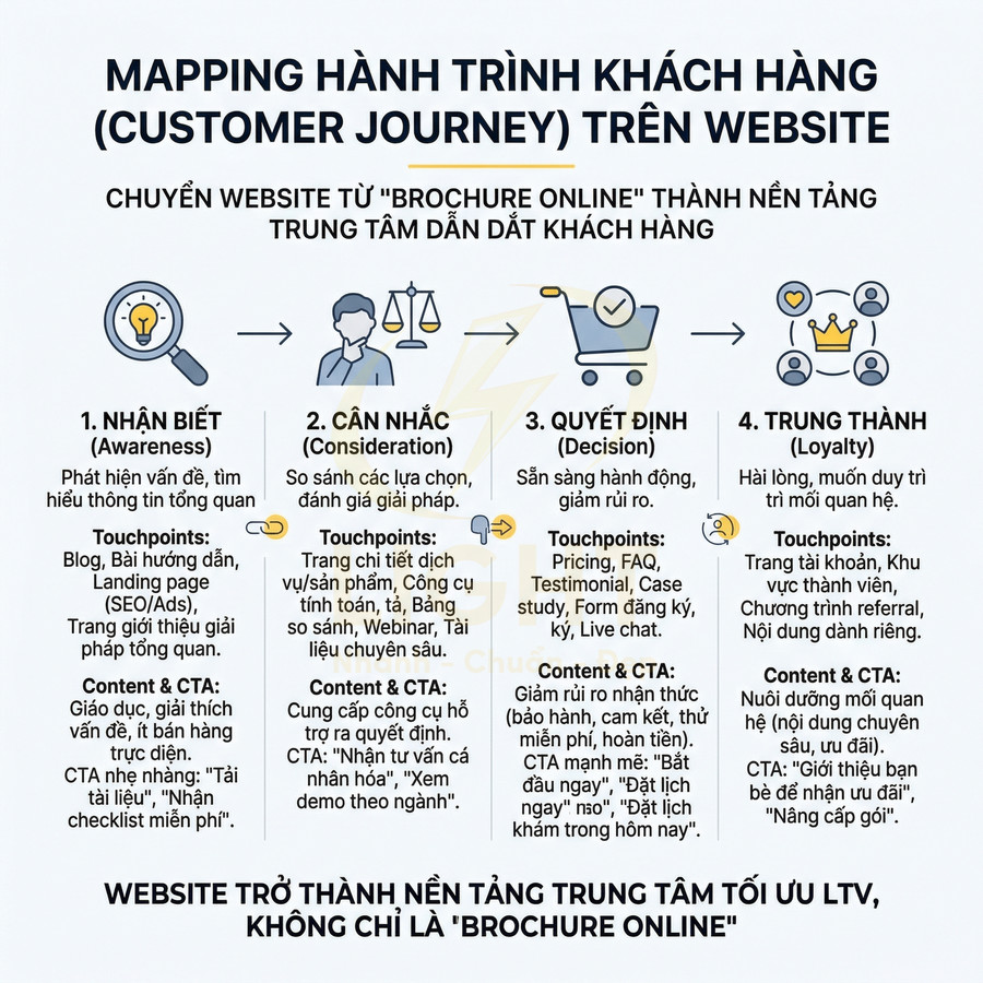 Sơ đồ mapping hành trình khách hàng trên website với 4 giai đoạn từ nhận biết đến trung thành