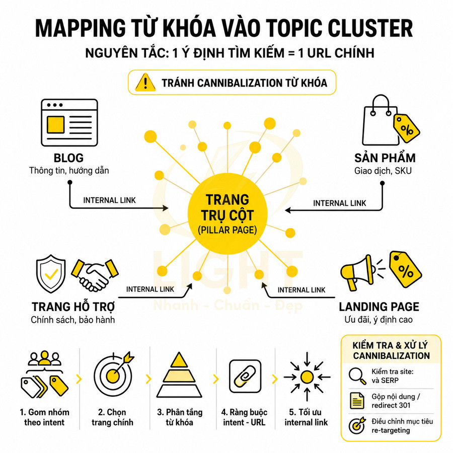 Sơ đồ mapping từ khóa vào topic cluster với trang trụ cột liên kết blog, sản phẩm, trang hỗ trợ và landing page