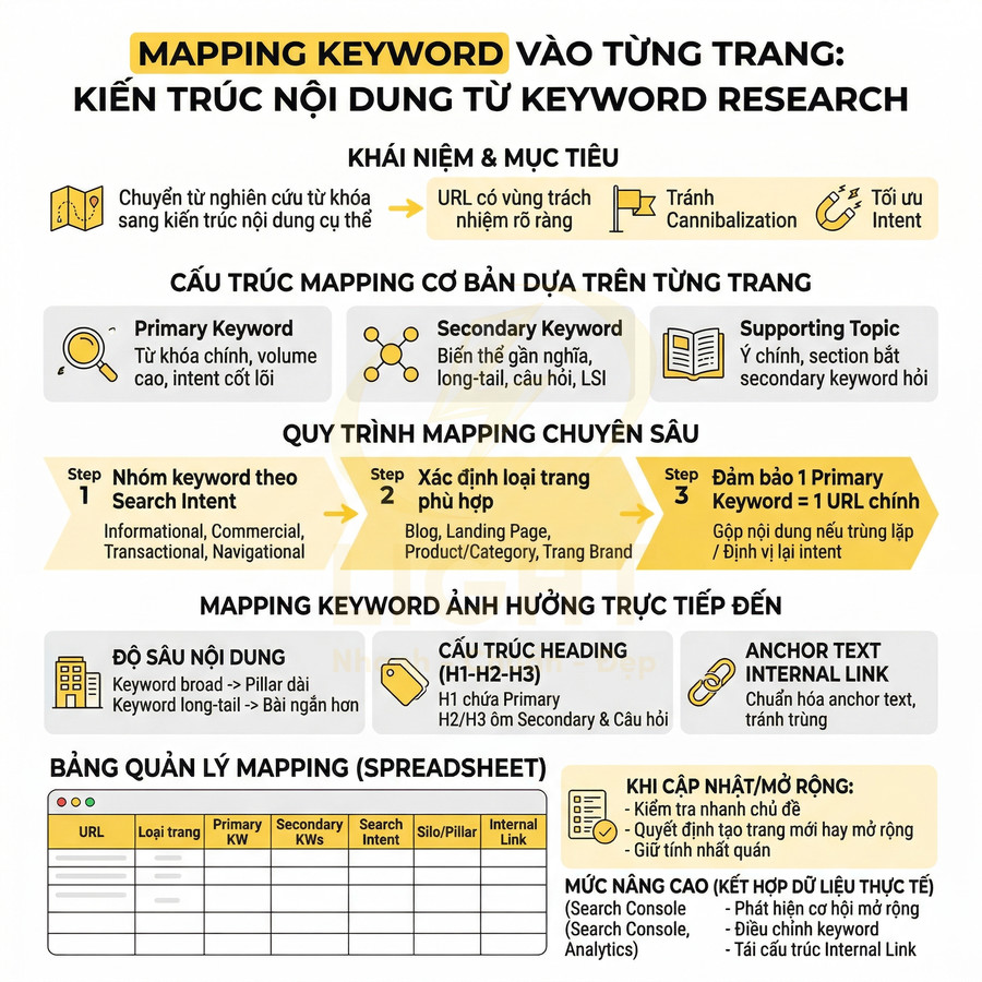 Infographic hướng dẫn mapping keyword vào từng trang và xây dựng kiến trúc nội dung chuẩn SEO