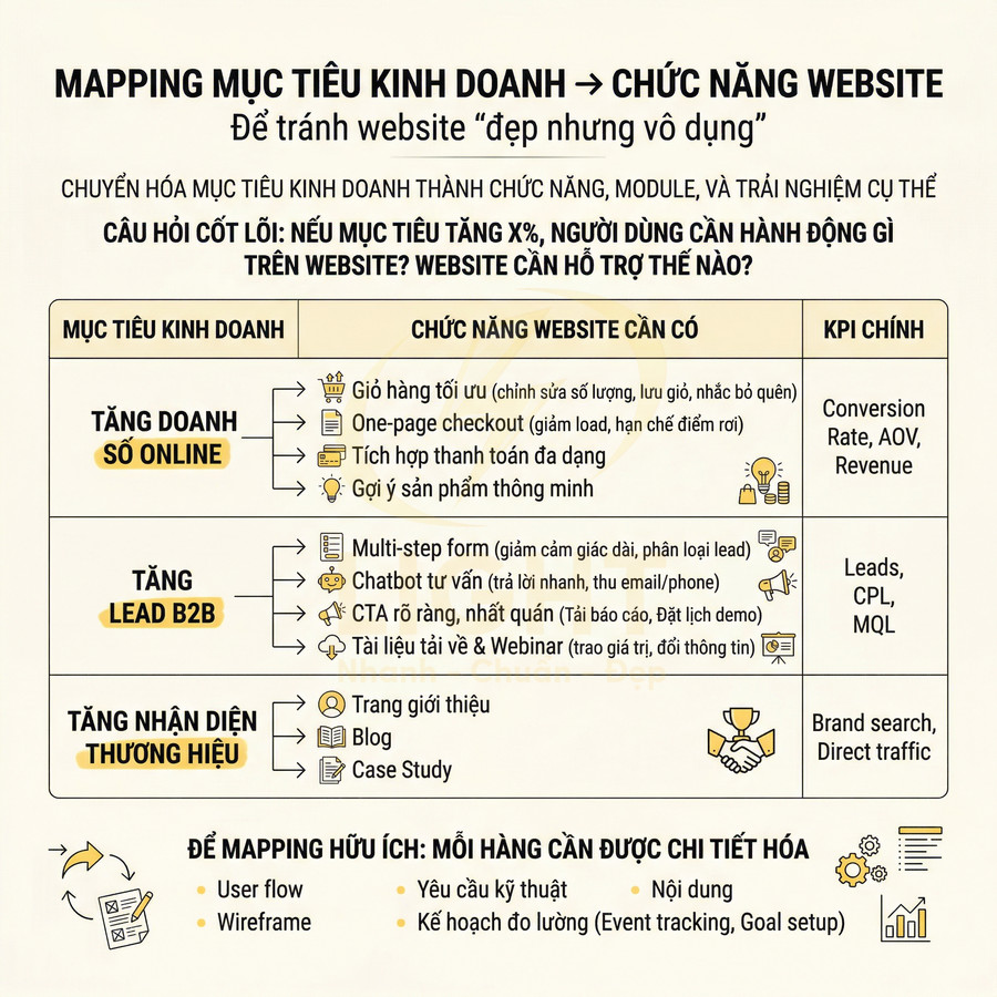 Bảng hướng dẫn mapping mục tiêu kinh doanh với chức năng website và KPI chính để tối ưu chuyển đổi