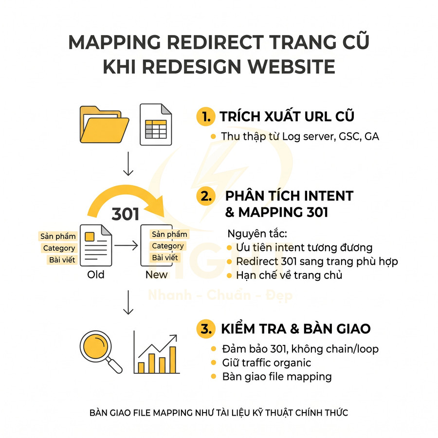 Quy trình mapping redirect 301 cho trang cũ khi redesign website với ba bước trích xuất, phân tích và kiểm tra