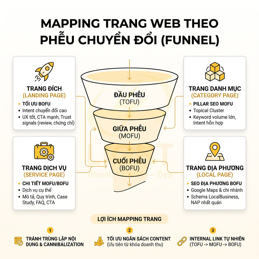 Sơ đồ mapping trang web theo phễu chuyển đổi TOFU MOFU BOFU và các loại trang landing dịch vụ danh mục địa phương