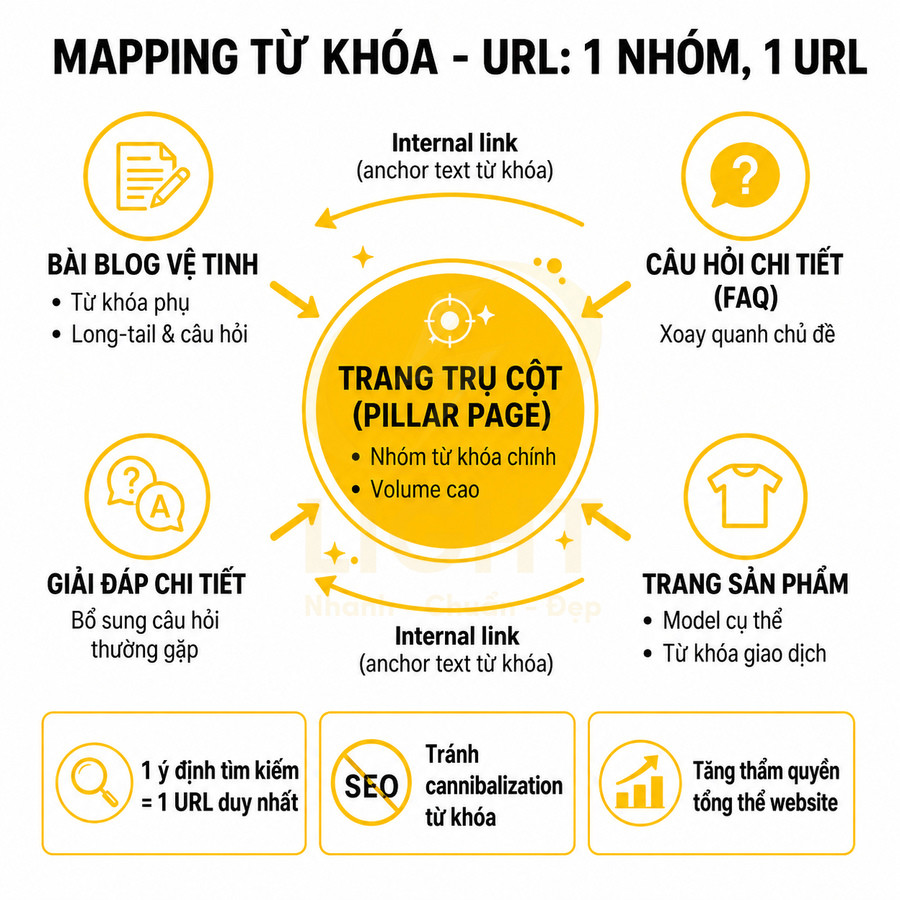 Sơ đồ mapping từ khóa cho pillar page với blog vệ tinh, FAQ, trang sản phẩm và internal link trong SEO