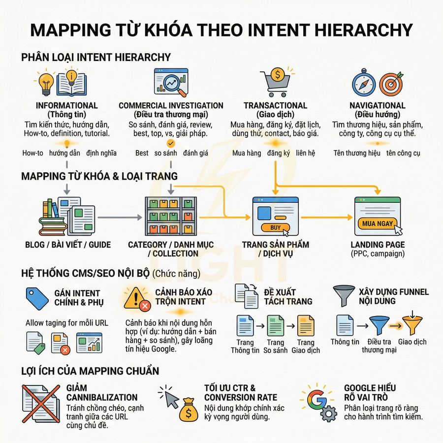 Sơ đồ mapping từ khóa theo intent hierarchy và loại trang SEO: blog, danh mục, trang sản phẩm, landing page