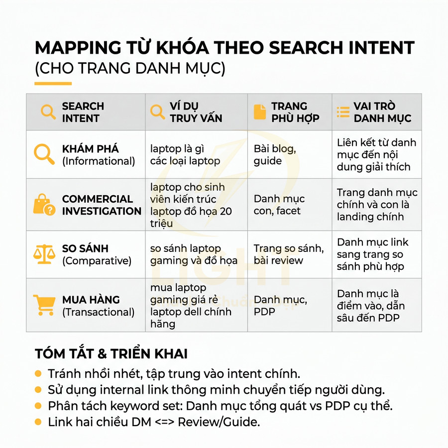 Bảng hướng dẫn mapping từ khóa theo search intent cho trang danh mục SEO tiếng Việt
