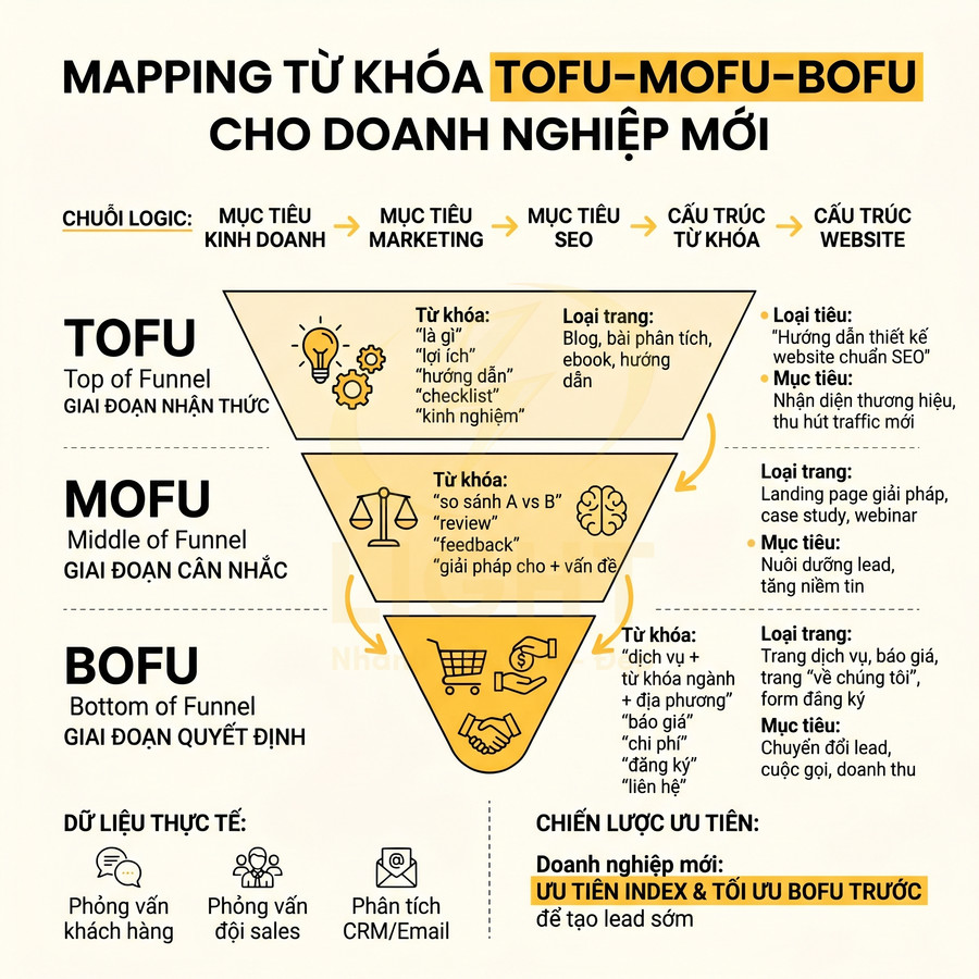 Infographic mô hình phễu TOFU MOFU BOFU và cách mapping từ khóa SEO cho doanh nghiệp mới