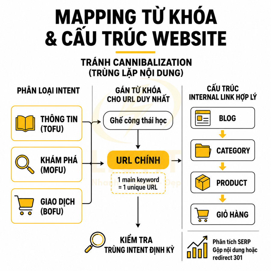 Sơ đồ mapping từ khóa và cấu trúc website để tránh cannibalization và tối ưu internal link