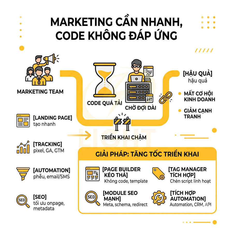 Giải pháp tăng tốc triển khai marketing với page builder kéo thả, module SEO mạnh và tích hợp automation