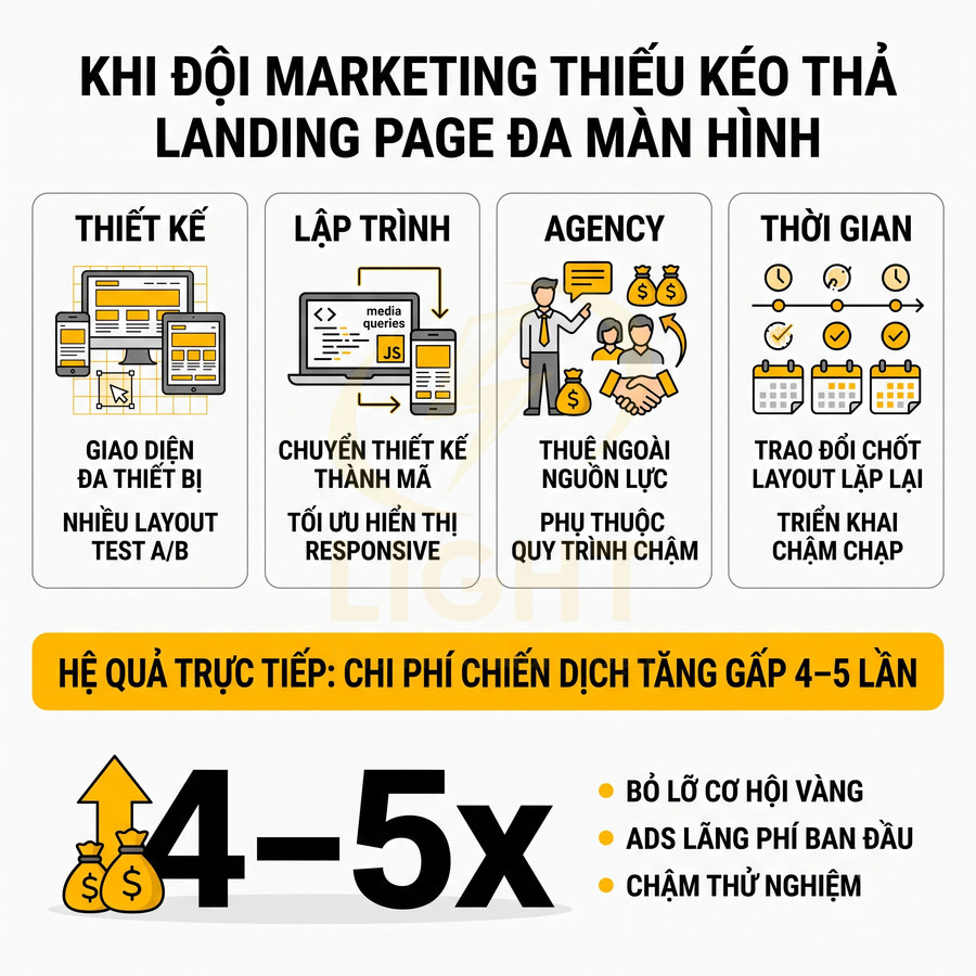 Infographic về chi phí tăng 4-5 lần khi đội marketing thiếu kéo thả landing page đa màn hình