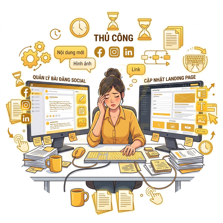 Nhân viên marketing mệt mỏi quản lý bài đăng mạng xã hội và cập nhật landing page trên hai màn hình máy tính