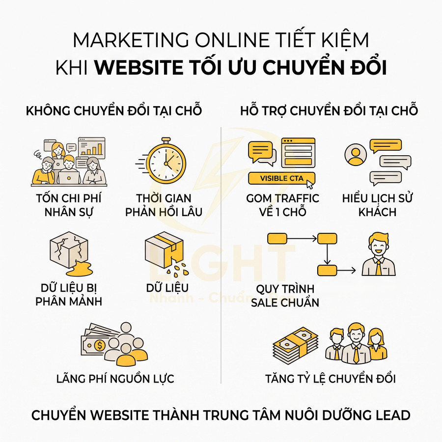 Minh họa lợi ích tối ưu chuyển đổi website trong marketing online, so sánh không chuyển đổi và hỗ trợ chuyển đổi tại chỗ