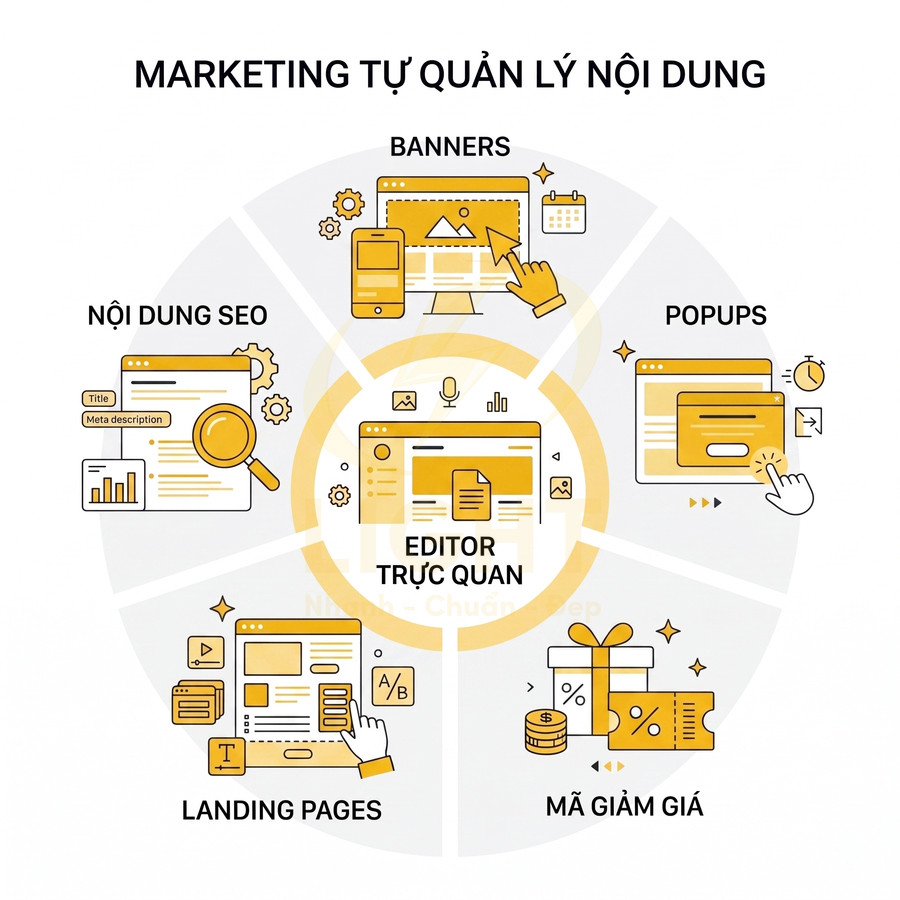 Sơ đồ công cụ marketing tự quản lý nội dung với editor trực quan, banners, popups, nội dung SEO, landing pages và mã giảm giá