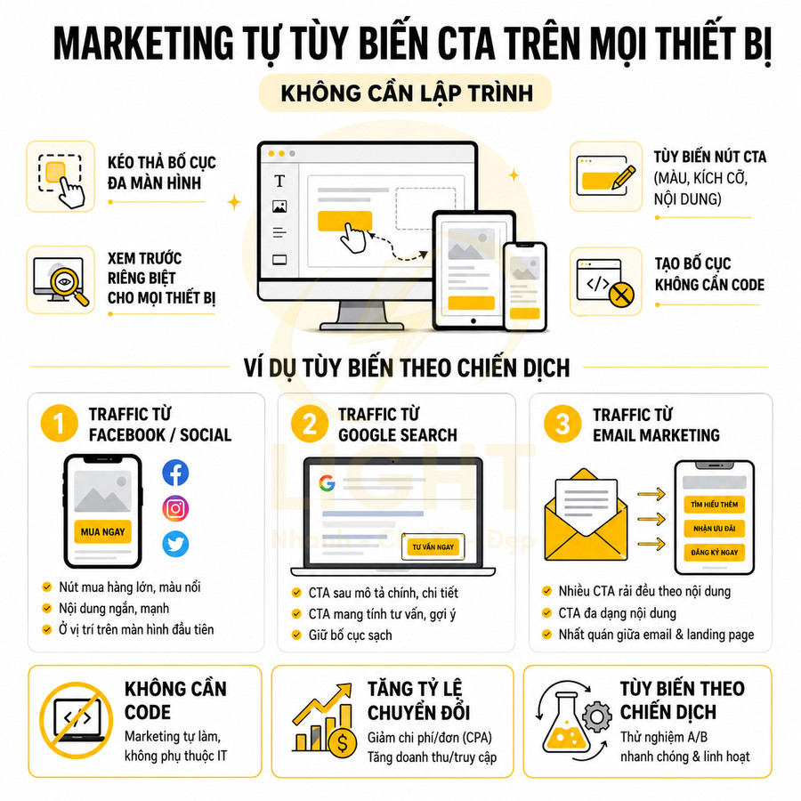 Infographic marketing tùy biến CTA trên mọi thiết bị, kéo thả bố cục, không cần code, tăng tỷ lệ chuyển đổi