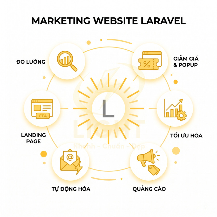 Sơ đồ tính năng marketing website Laravel gồm đo lường, landing page, tự động hóa, quảng cáo, tối ưu hóa, giảm giá popup