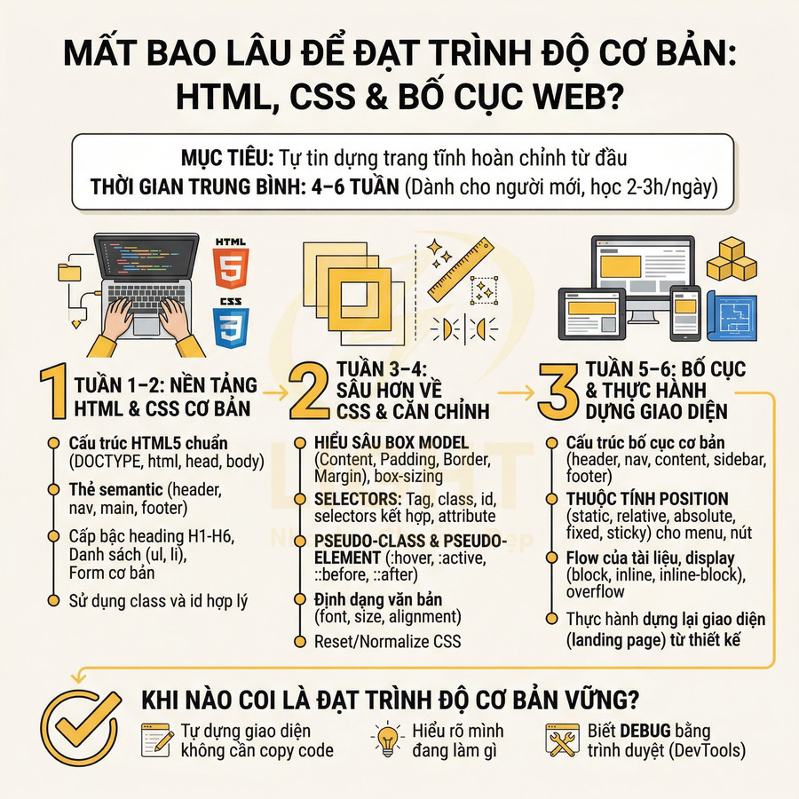 Infographic lộ trình 4-6 tuần học HTML CSS và bố cục web từ nền tảng đến thực hành giao diện