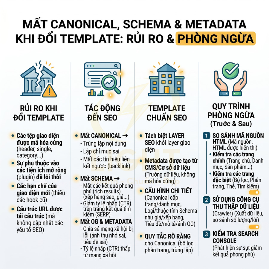 Infographic hướng dẫn xử lý mất canonical, schema và metadata khi đổi template website để phòng ngừa rủi ro SEO