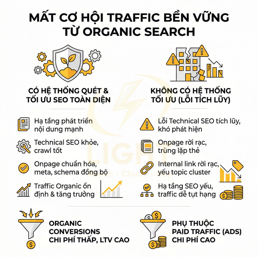 Infographic so sánh hệ thống tối ưu SEO toàn diện và không tối ưu, ảnh hưởng traffic organic và chi phí chuyển đổi
