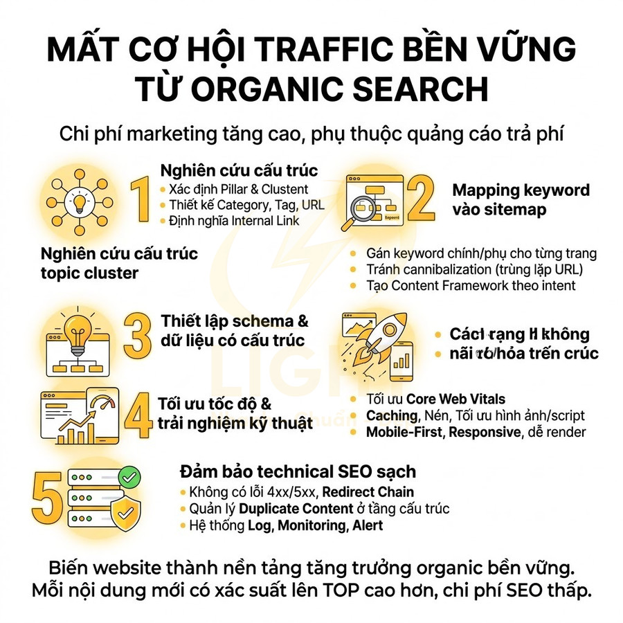 Infographic hướng dẫn tối ưu cấu trúc website và technical SEO để tăng traffic bền vững từ organic search