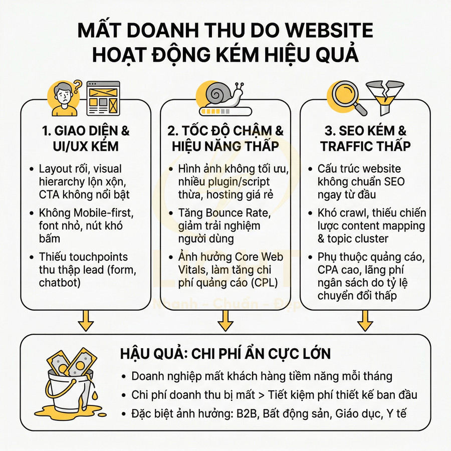 Infographic liệt kê nguyên nhân website hoạt động kém hiệu quả và hậu quả mất doanh thu, chi phí ẩn tăng cao