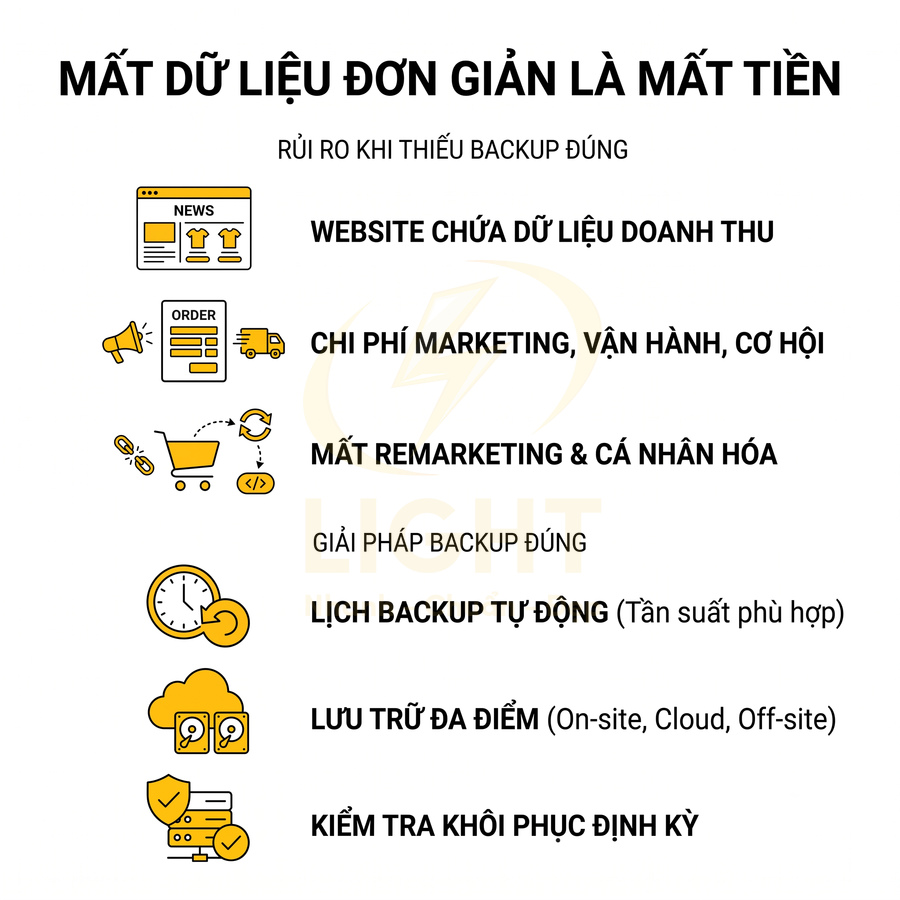 Infographic tiếng Việt về rủi ro mất dữ liệu và giải pháp backup tự động, lưu trữ đa điểm, kiểm tra khôi phục định kỳ