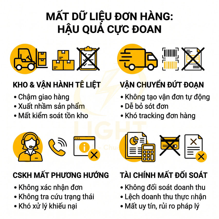 Infographic hậu quả mất dữ liệu đơn hàng với kho vận, vận chuyển, CSKH và tài chính trong quản lý bán hàng