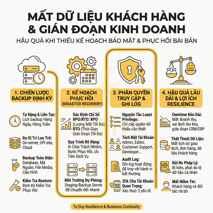 Infographic về mất dữ liệu khách hàng, chiến lược backup định kỳ và kế hoạch phục hồi cho doanh nghiệp
