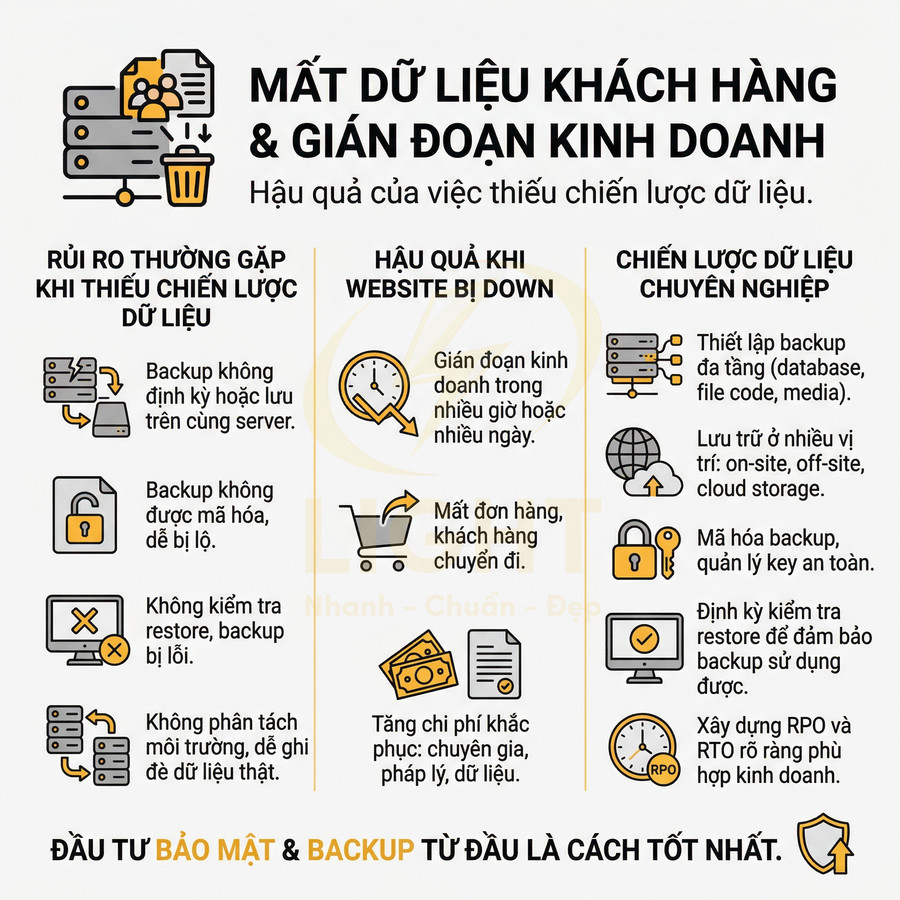 Infographic về rủi ro mất dữ liệu khách hàng, website bị down và giải pháp chiến lược backup chuyên nghiệp