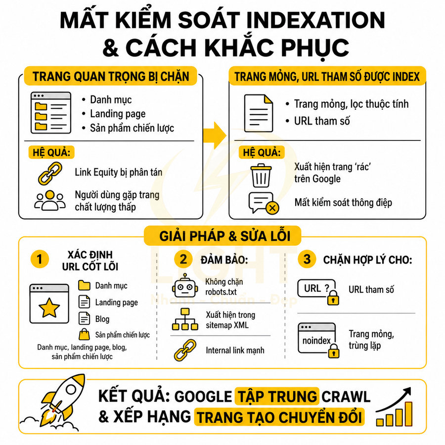 Infographic hướng dẫn khắc phục mất kiểm soát indexation SEO, tối ưu URL cốt lõi và tập trung crawl trang chuyển đổi
