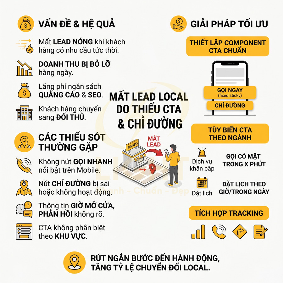 Infographic tiếng Việt về mất lead local do thiếu CTA và chỉ đường, giải pháp tối ưu nút gọi ngay và chỉ đường trên mobile