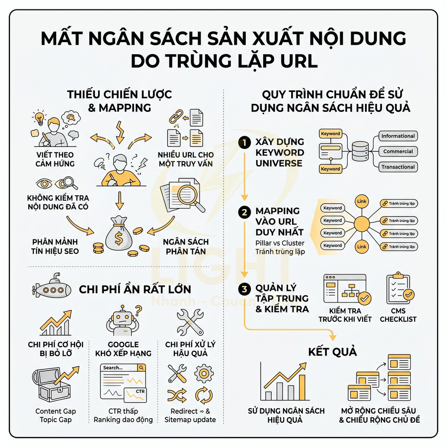 Infographic quy trình tối ưu ngân sách sản xuất nội dung SEO, tránh trùng lặp URL và cải thiện hiệu quả chiến lược content