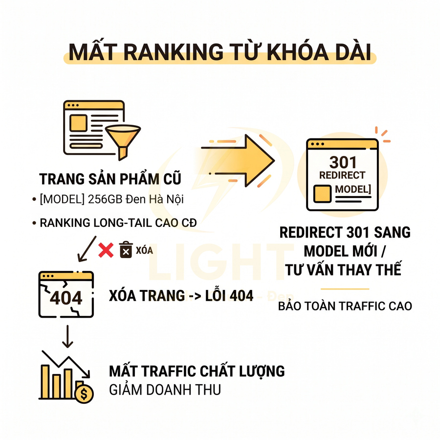 Minh họa quy trình SEO chuyển hướng 301 trang sản phẩm cũ sang model mới để tránh lỗi 404 và mất traffic chất lượng