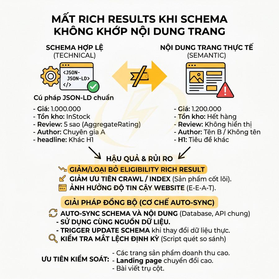 Infographic giải thích rủi ro mất rich results khi schema JSON LD không khớp nội dung trang và cách đồng bộ auto sync