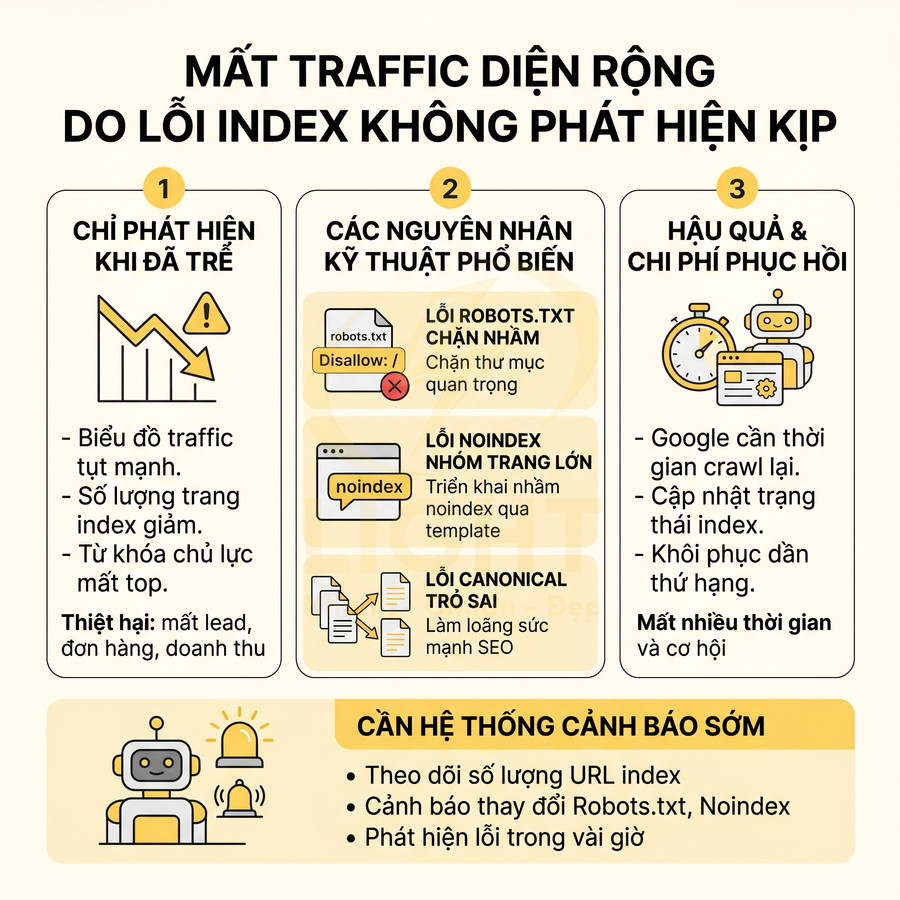 Infographic cảnh báo mất traffic diện rộng do lỗi index SEO và nhu cầu hệ thống cảnh báo sớm