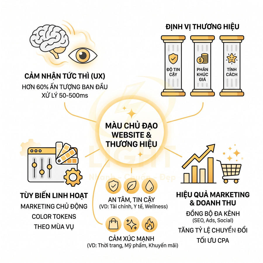 Infographic lợi ích màu chủ đạo website và thương hiệu trong UX, định vị thương hiệu, marketing và tăng doanh thu