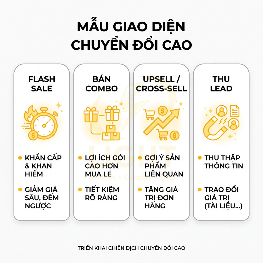 Mẫu giao diện chuyển đổi cao với 4 chiến lược flash sale, bán combo, upsell cross sell và thu lead trong marketing online