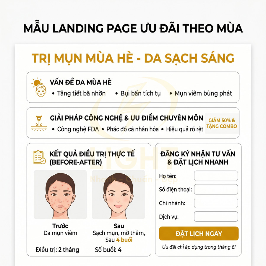 Mẫu landing page khuyến mãi trị mụn mùa hè, giới thiệu liệu trình da sạch sáng và form đăng ký tư vấn
