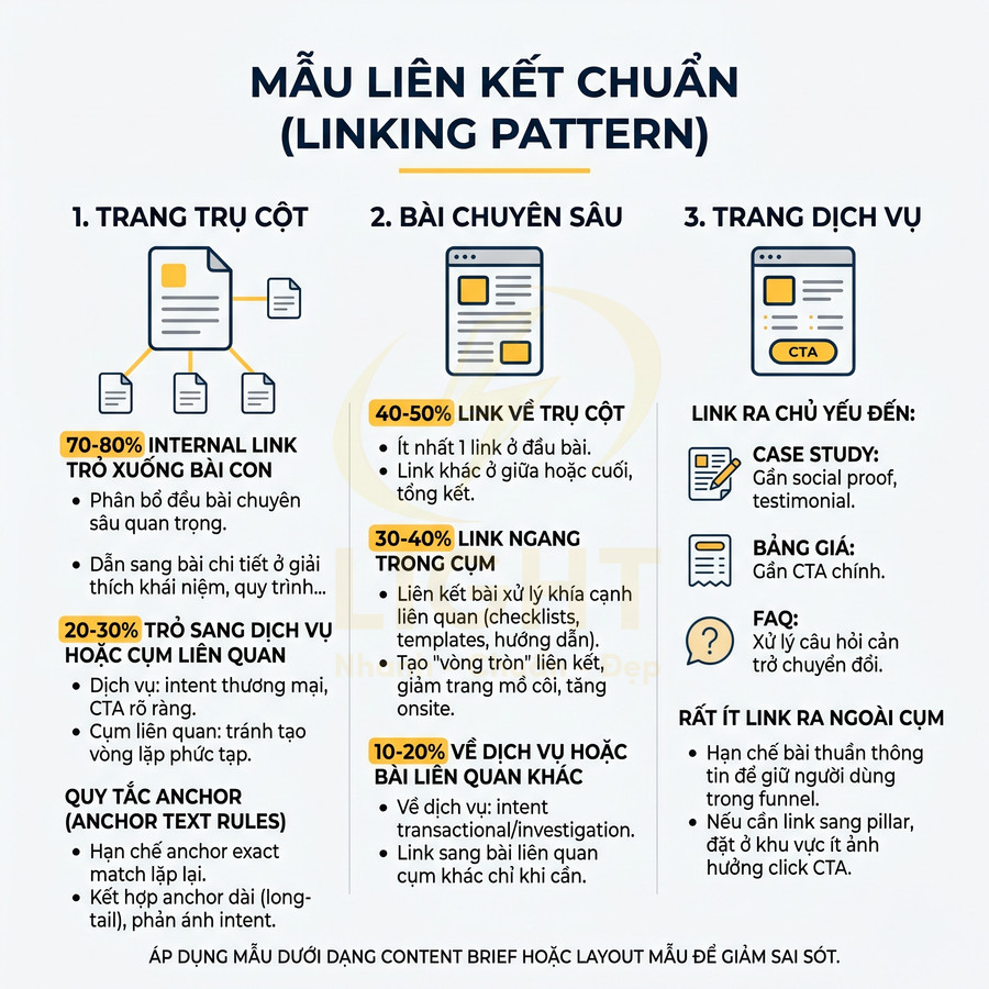 Mẫu liên kết chuẩn SEO giữa trang trụ cột, bài viết chuyên sâu và trang dịch vụ với tỷ lệ internal link gợi ý