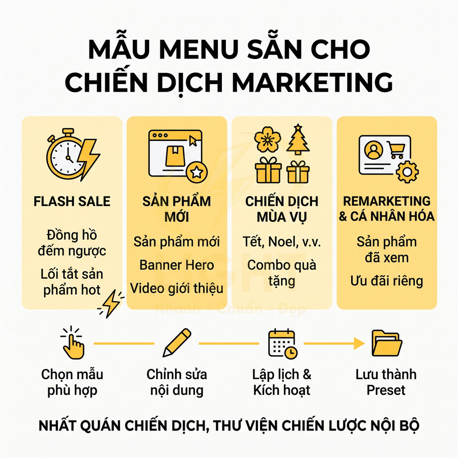 Mẫu menu sẵn cho chiến dịch marketing với các mục flash sale, sản phẩm mới, chiến dịch mùa vụ, remarketing