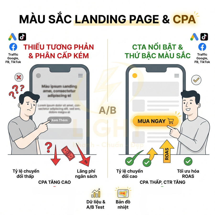 So sánh landing page thiếu tương phản với landing page có nút CTA Mua Ngay nổi bật giúp tăng tỷ lệ chuyển đổi