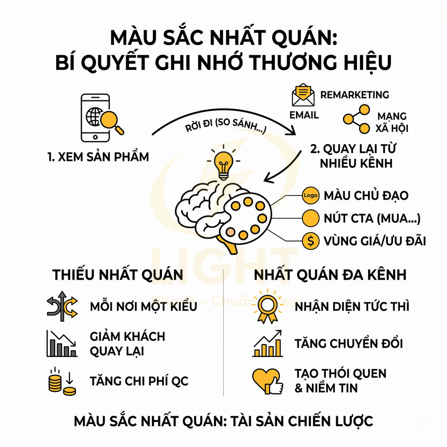 Infographic về tầm quan trọng của màu sắc nhất quán trong ghi nhớ và nhận diện thương hiệu marketing