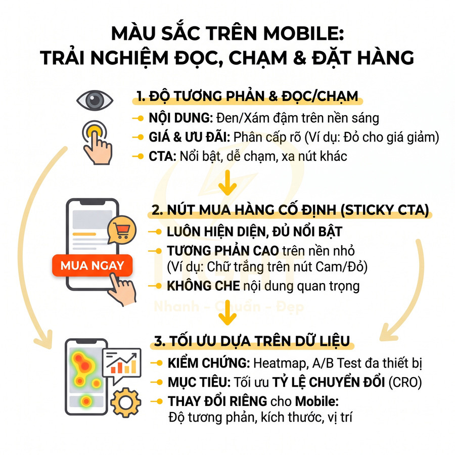Infographic hướng dẫn tối ưu màu sắc nút mua ngay và CTA trên giao diện mobile để tăng tỷ lệ chuyển đổi