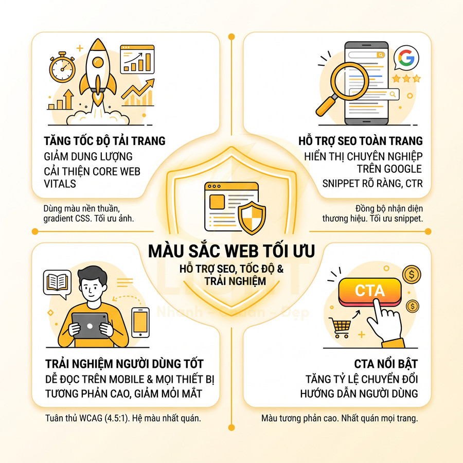 Infographic lợi ích màu sắc web tối ưu cho SEO, tốc độ tải trang, trải nghiệm người dùng và tăng tỷ lệ chuyển đổi CTA