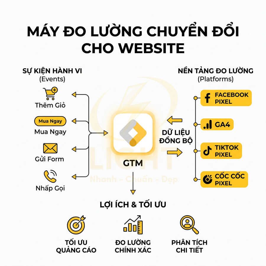 Sơ đồ GTM đo lường chuyển đổi website, đồng bộ sự kiện hành vi sang Facebook Pixel, GA4, TikTok Pixel, Cốc Cốc Pixel