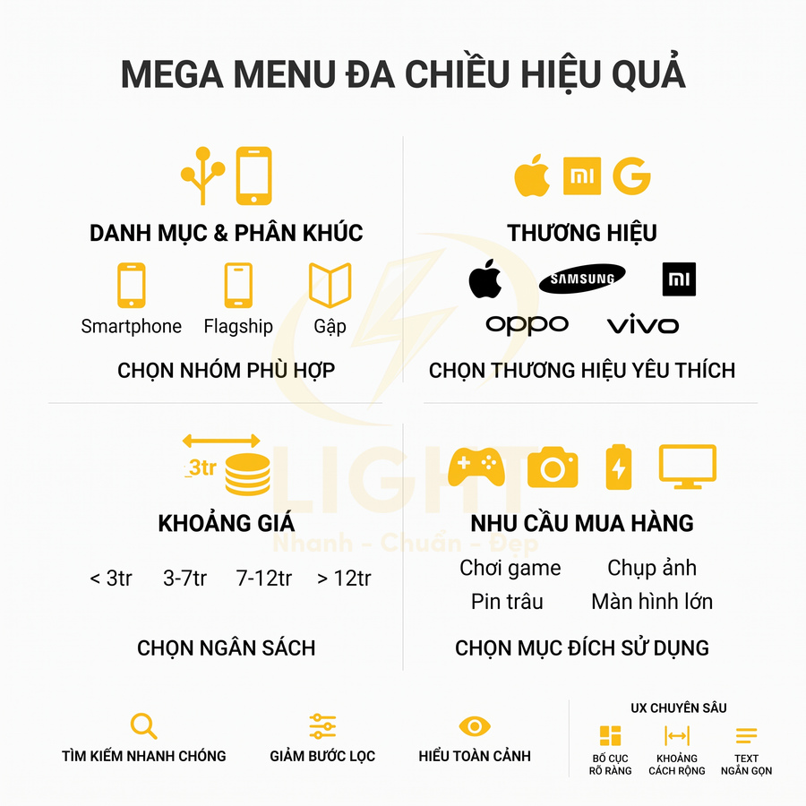 Giao diện mega menu đa chiều cho website bán smartphone, chọn theo danh mục, thương hiệu, giá và nhu cầu mua hàng