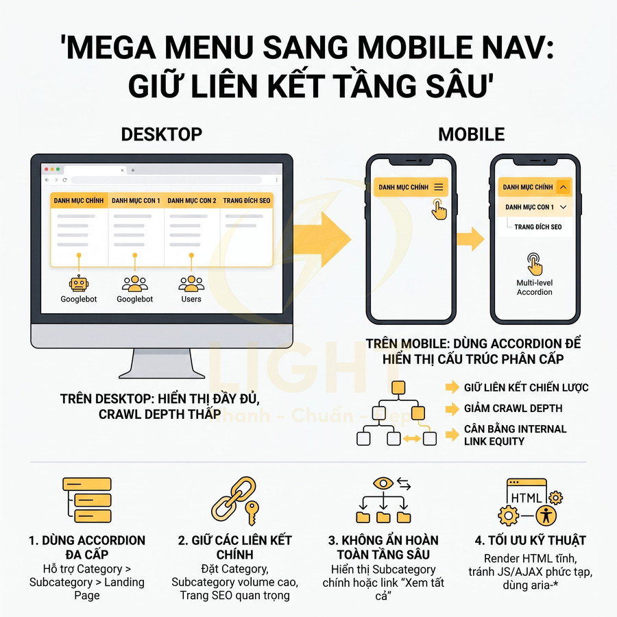 Hướng dẫn chuyển mega menu sang mobile navigation với accordion đa cấp để giữ liên kết SEO quan trọng